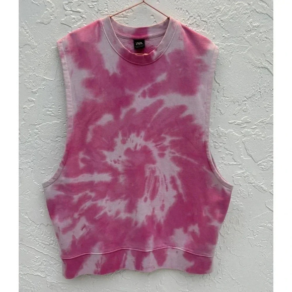 Zara Mens Pullover Crew Neck Sleeveless Vest Top Tie Dye Pink Sz M - Picture 2 of 7